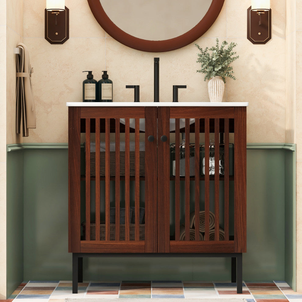 GDF Studio 30" Vintage Bathroom Vanity With Ceramic Sink, Antique Dark Brown