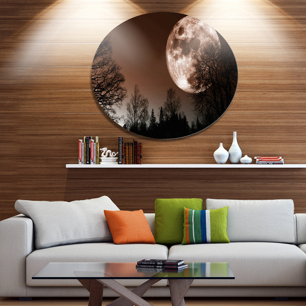 Red Moon Rise Over Dark Trees, Landscape Large Disc Metal Wall Art, 11"