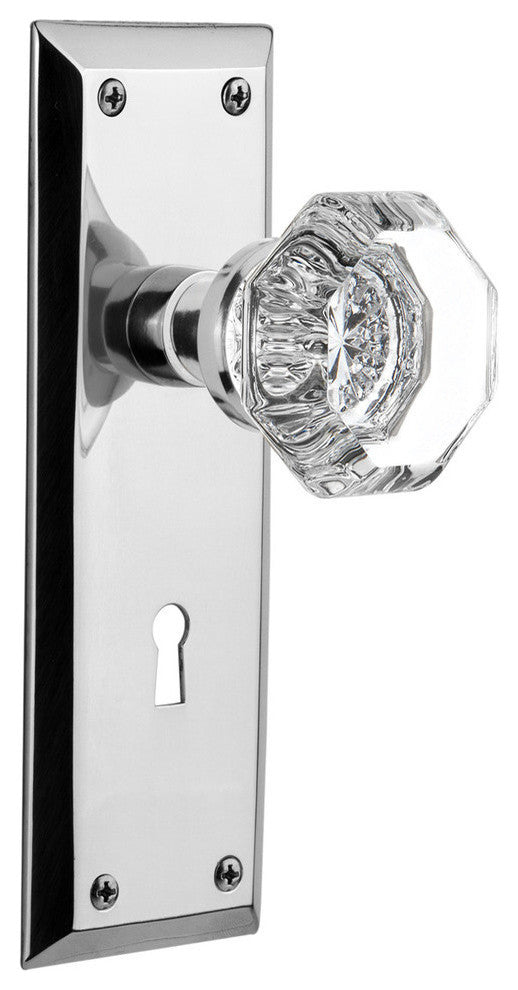 New York Plate Interior Mortise Waldorf Door Knob, Bright Chrome