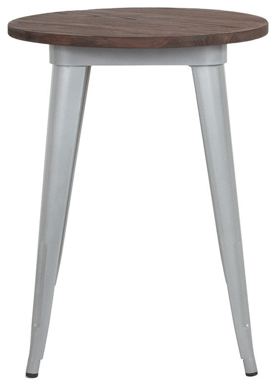 24" Round Silver Metal Indoor Table With Walnut Rustic Wood Top