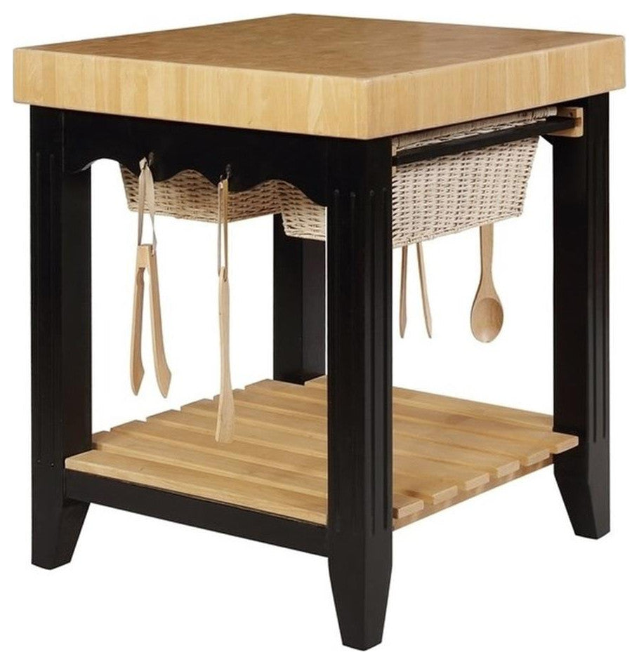 Linon Kolton Butcher Block Kitchen Island 2 Baskets in Black/Natural Wood