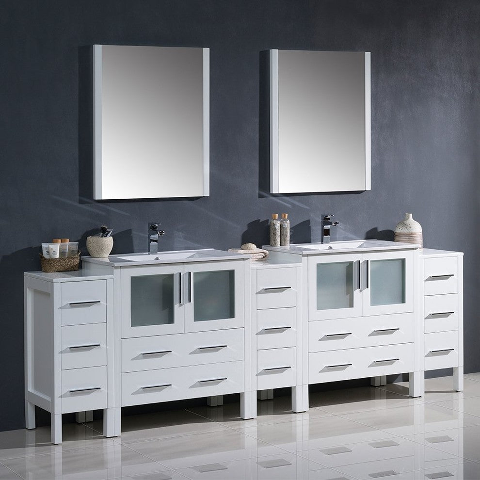 Torino 96" White Modern Double Sink Bathroom Vanity, Faucet FFT9151BN