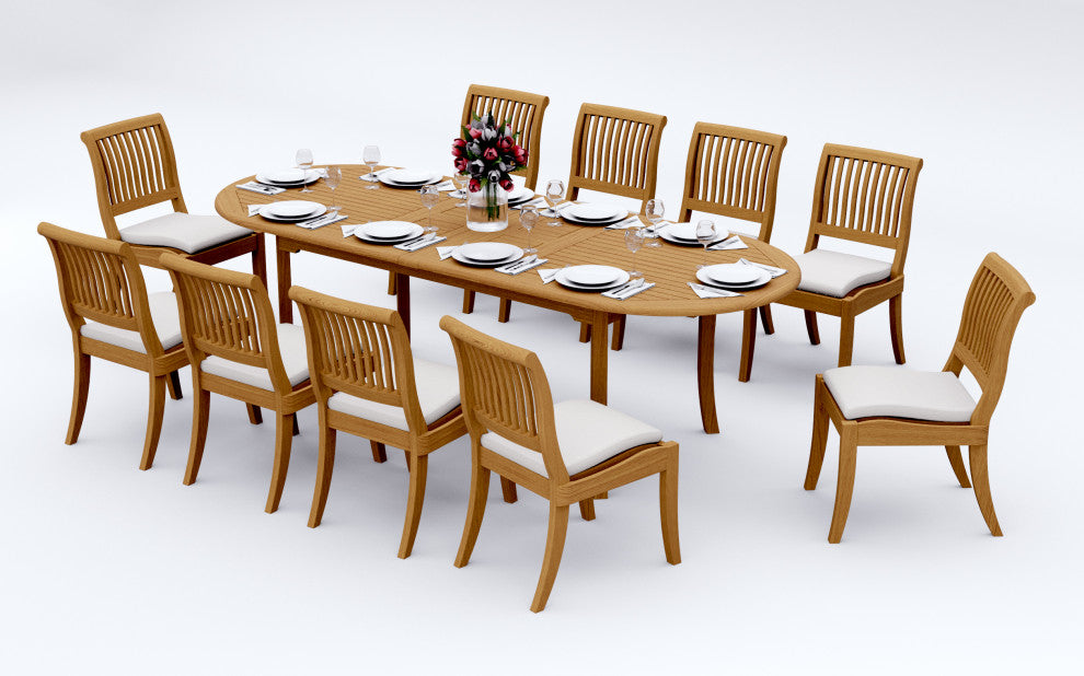 11-Piece Teak Dining Set, 94" Ext Oval Table, 10 Arbor Stacking Armless Chairs