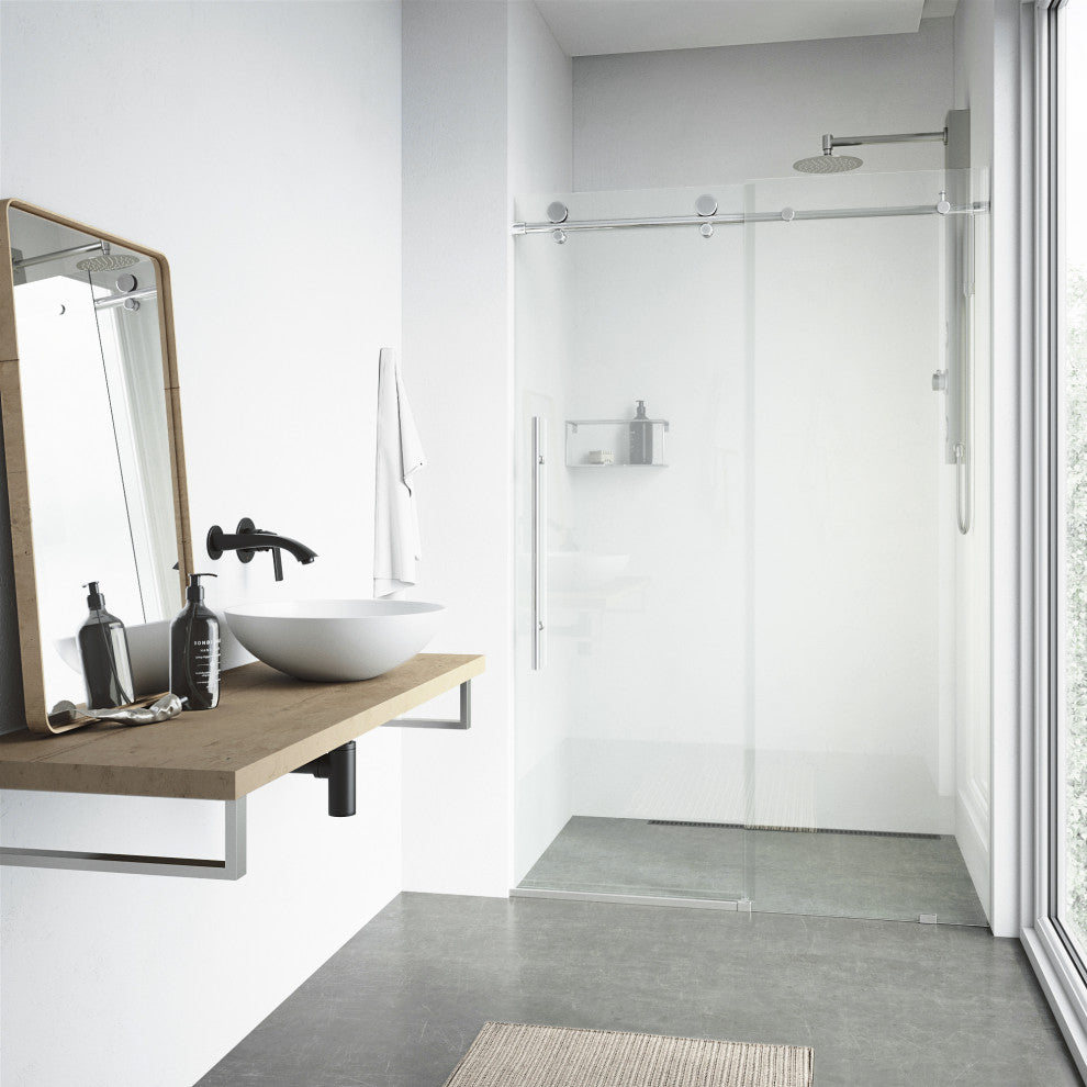 VIGO Elan E-Class 68" to 72" W x 76" H Frameless Sliding Shower Door, Chrome, Clear Glass