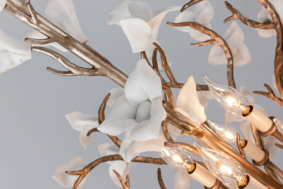 Lily 6-Light Dining Pendant, Enchanted Silver Leaf Finish, Porcelain Flowers