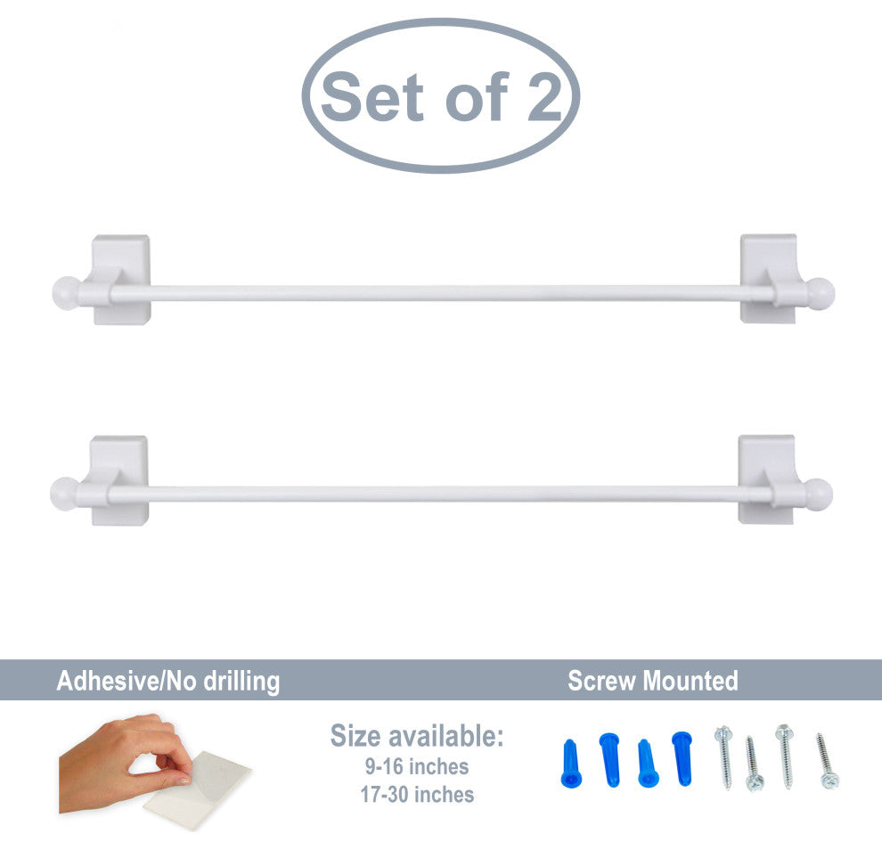Self-Adhesive Wall Mount Rod 9"-16", Set of 2, White