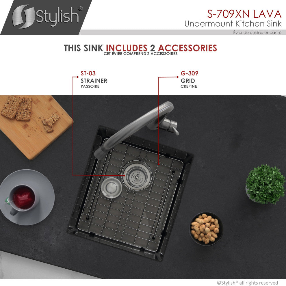 STYLISH 16in Graphite Black Single Bowl Undermount Stainless Steel Kitchen Sink