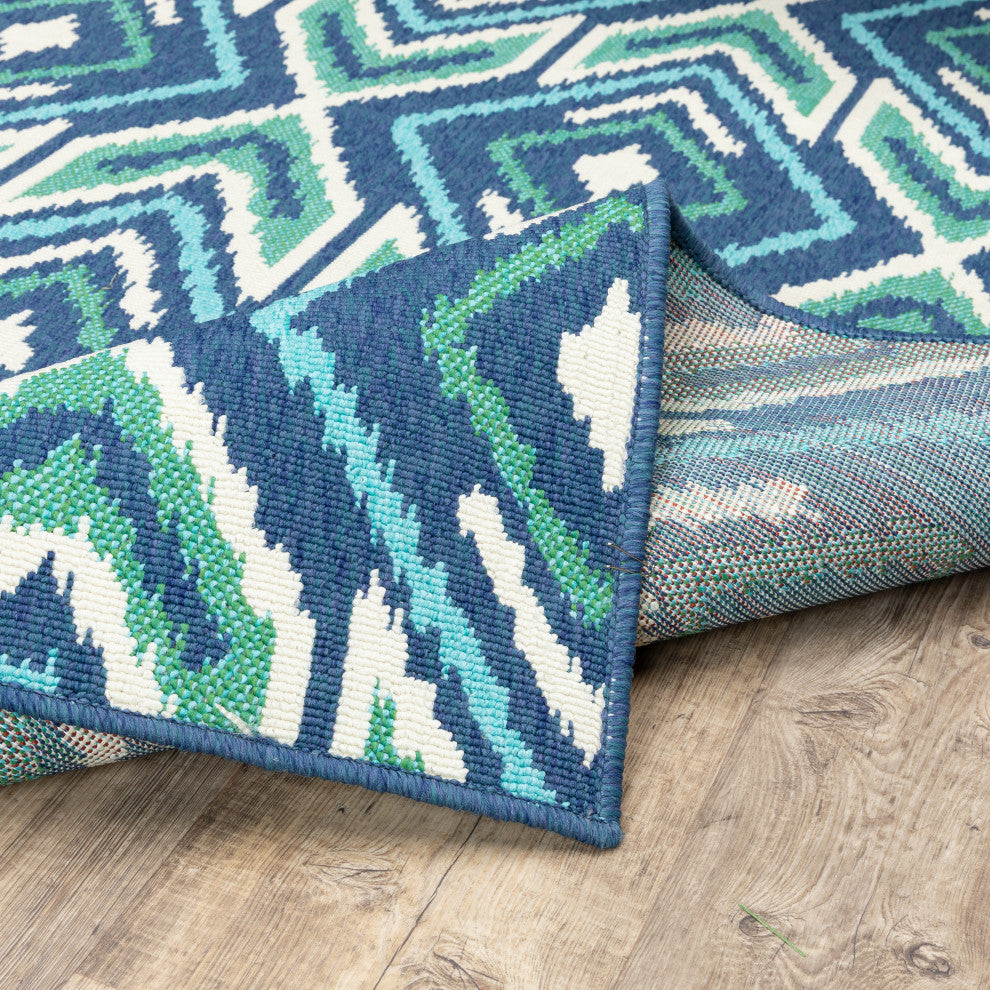 Madelina Ikat Diamonds Navy and Green Indoor or Outdoor Area Rug, 8'6"x13'