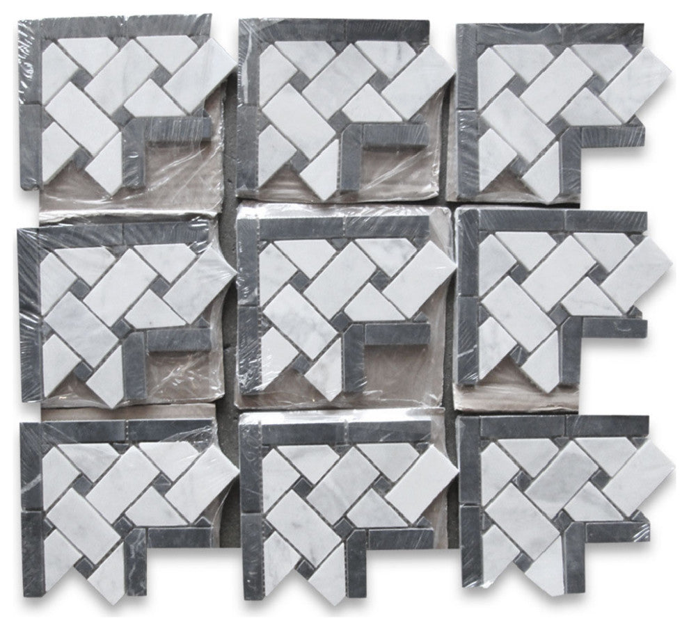 Carrara Venato Carrera Marble 4x4 Basketweave Mosaic Corner Honed, 1 sheet