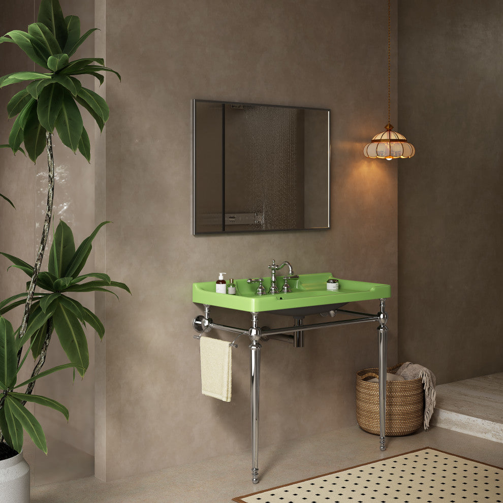 Wall-Mounted Green Ceramic Vanity Basin with Stainless Steel Support Legs, Chrome
