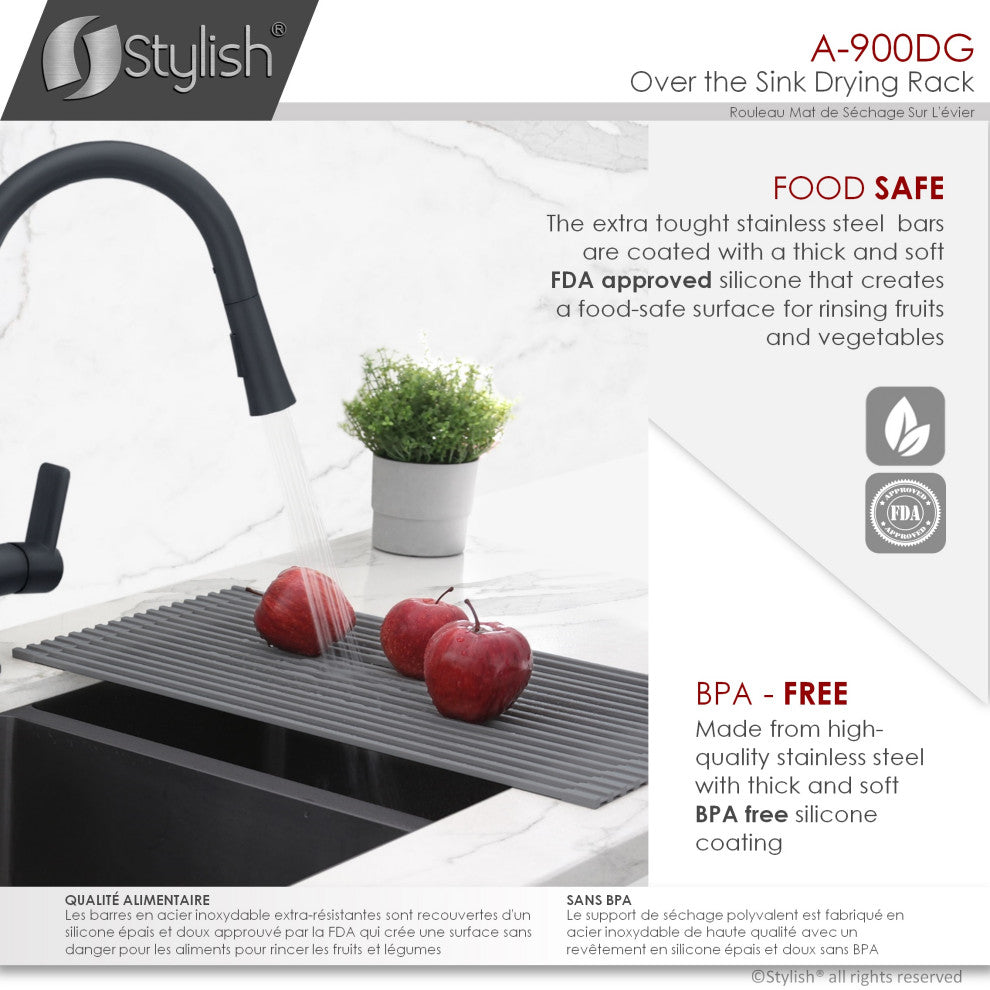 Stylish 20" Over The Sink Roll-Up Dish Drying Rack, Dark Gray