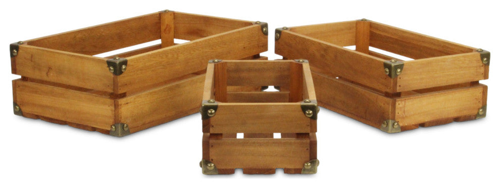 Rustic Farmstead Medium Brown Studded Wood Crate Set