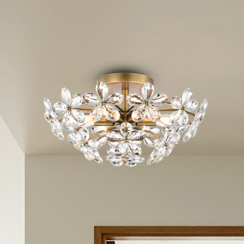 Grace 6-Light Crystal Glass Flower Flush Mount, Brushed Brass Finish