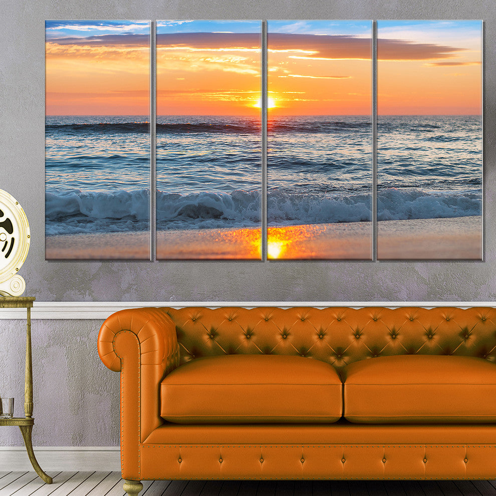"Beautiful Sunrise Over The Horizon." Modern Beach Wall Art, 4 Panels, 48"x28"