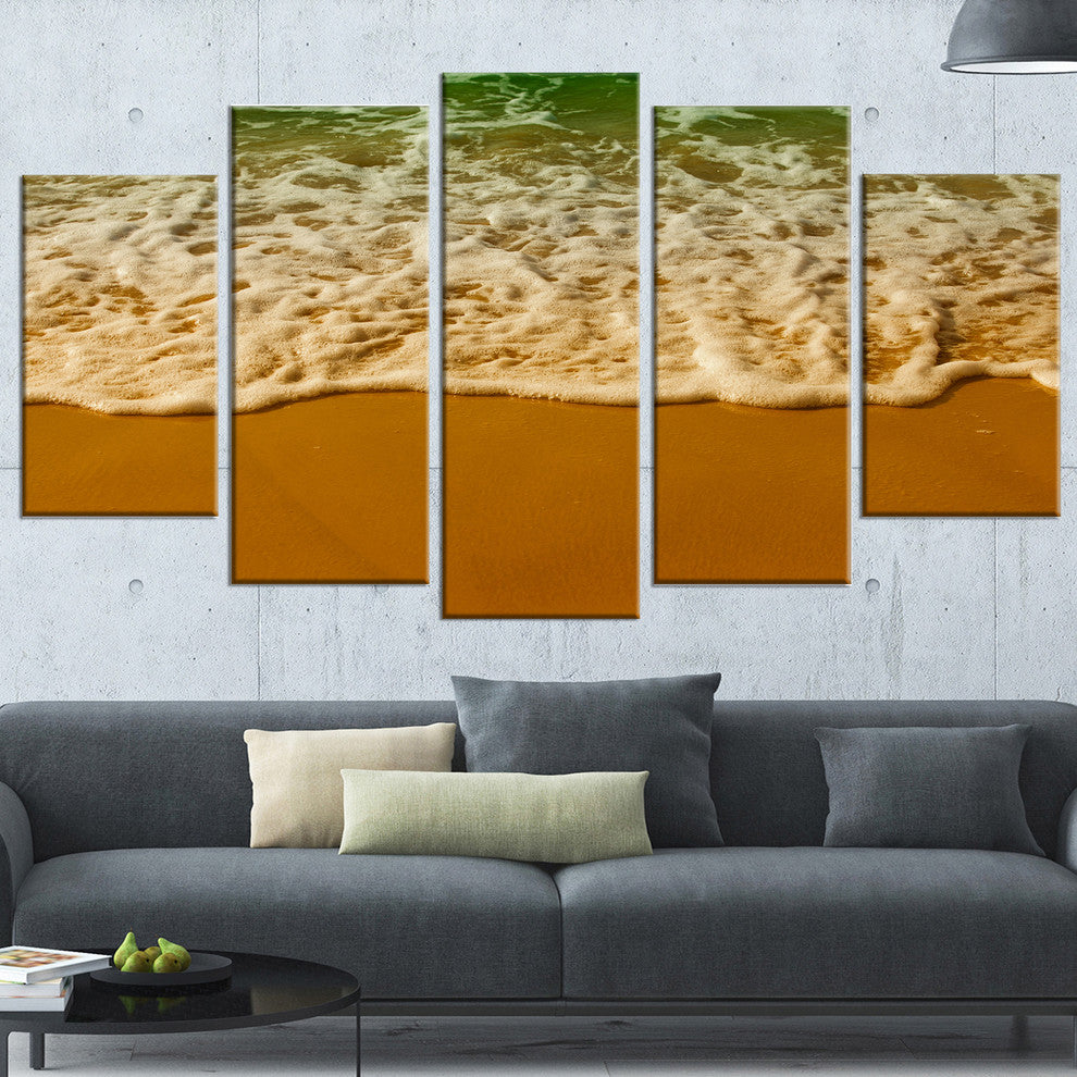 "White Waves From Green Beach Waters" Seashore Wall Art, 5 Panels, 60"x32"