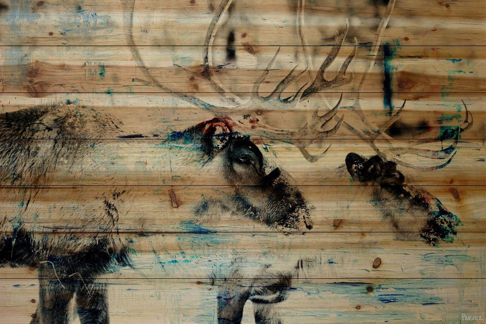 "Conversating Deer" Painting Print on Natural Pine Wood, 60"x40"