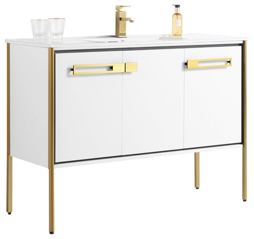 Oakville Bath Vanity, Ceramic Sink, White Matte, 48 Inch, Satin Brass Hardware