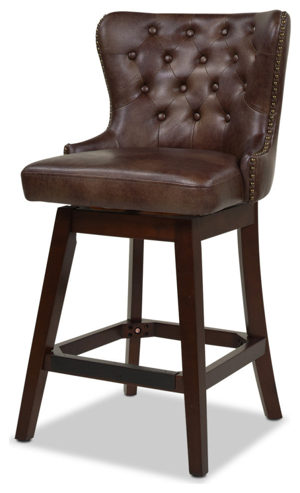 Holmes 27" Tufted High-Back 360 Swivel Counter-Height Barstool, Mid Brown Faux Leather