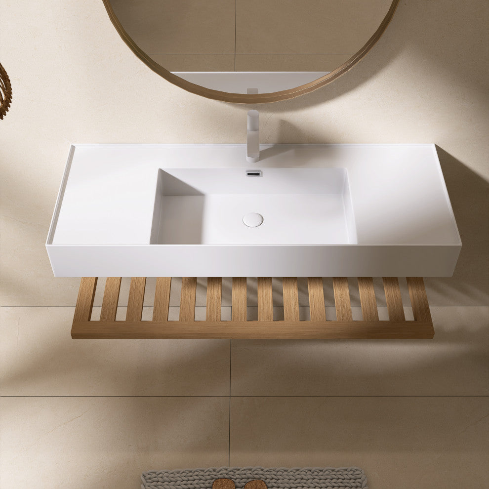 Wall-Mounted Bathroom Vanity With White Rectangular Acrylic Integrated Basin, 48"