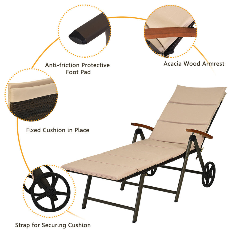 COSTWAY Folding Outdoor Pool Chaise Lounge Recliner Chair Rattan W/Wheels