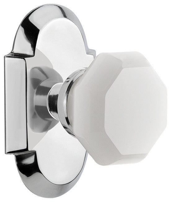 Cottage Plate Privacy Waldorf White Milk Glass Knob, Bright Chrome