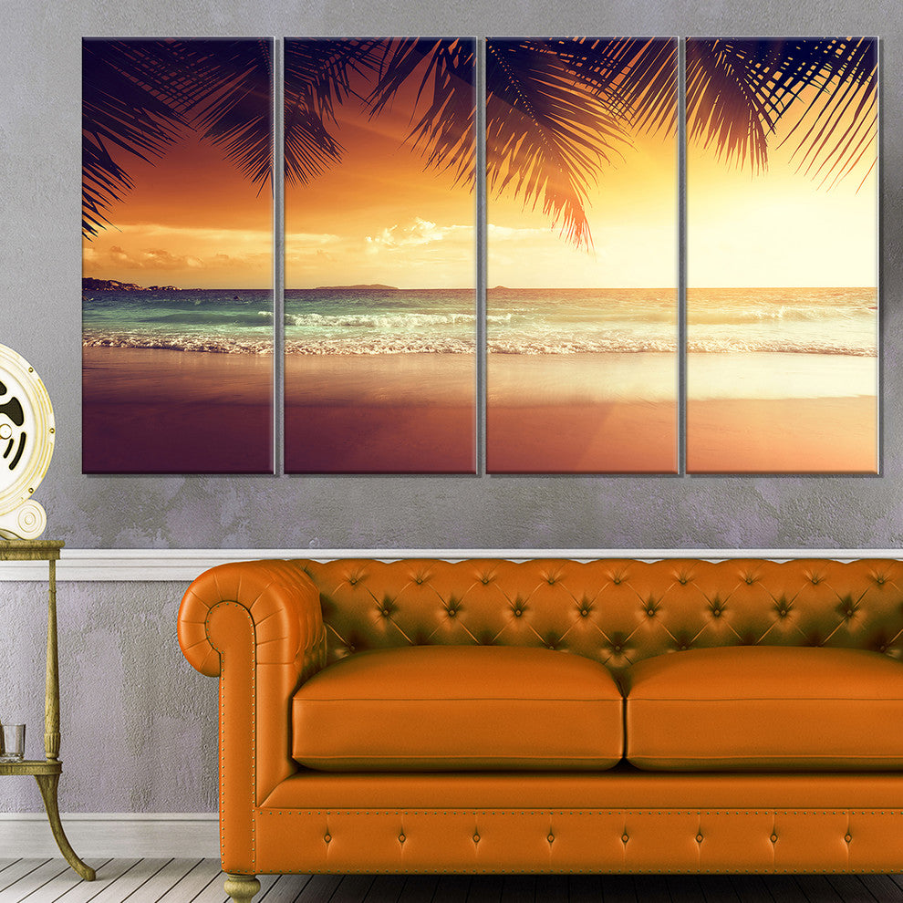 "Palm Leaves On Caribbean Seashore" Modern Seashore Wall Art, 4 Panels, 48"x28"