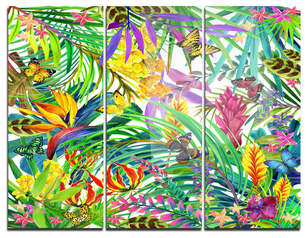 "Tropical Leaves and Flowers" Glossy Metal Wall Art, 3 Panels, 36"x28"