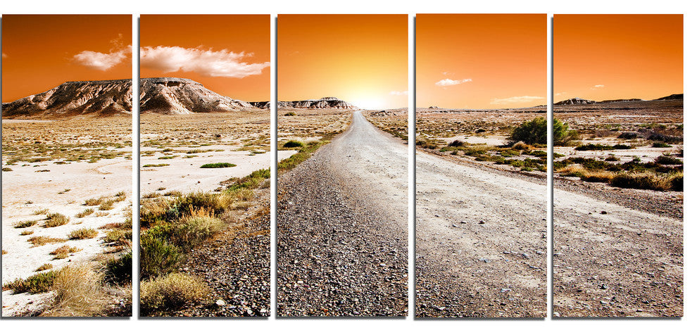 Sunset Desert with Pebble Road, Landscape Canvas Art Print, 60"x28", 5 Panels