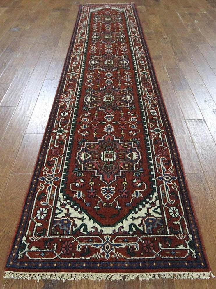 Hand-Knotted Red Heriz Serapi Floral Oriental Wool Rug, 3'x12'