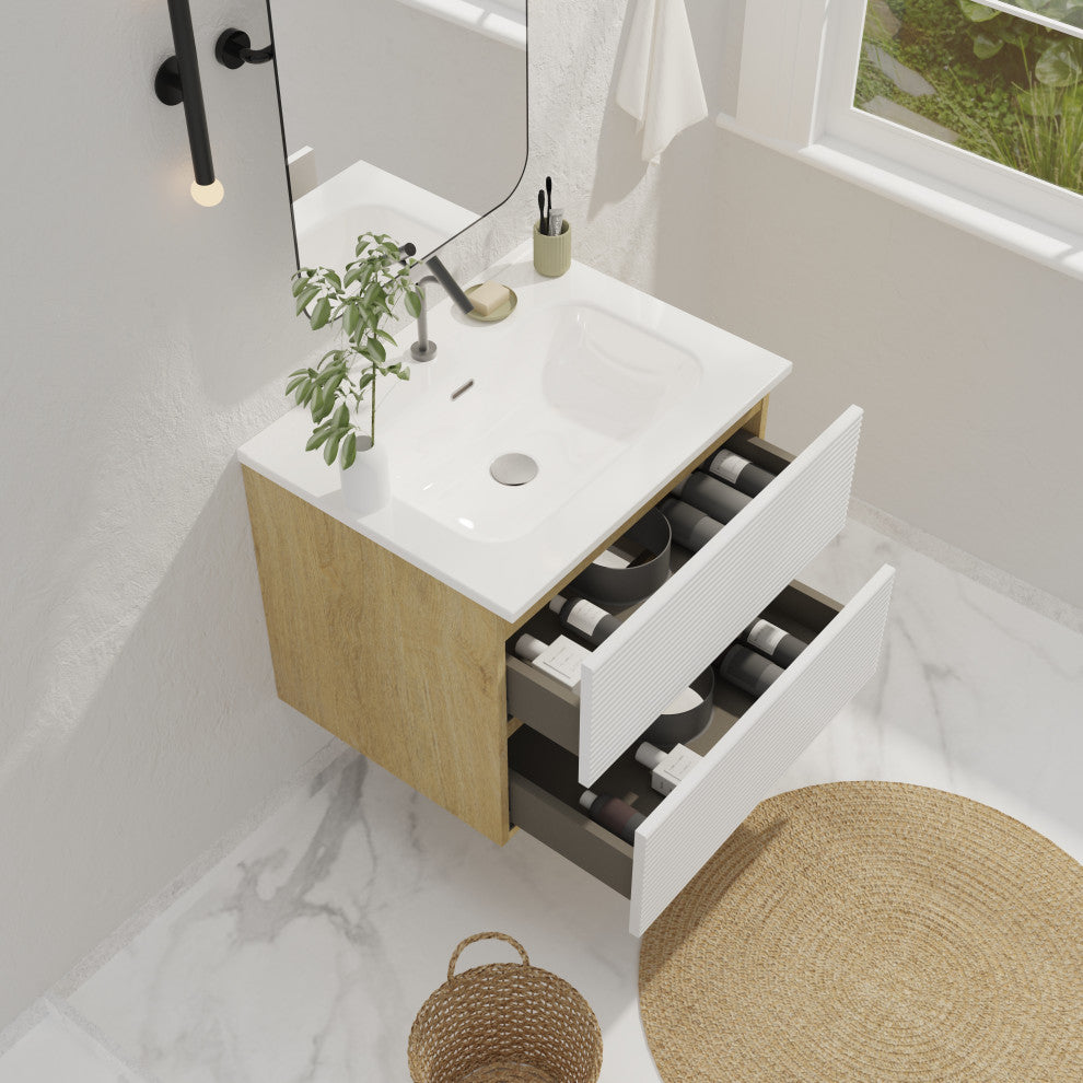 Wall-Mounted Bathroom Vanity Set with Integrated Ceramic Sink, White, 24"