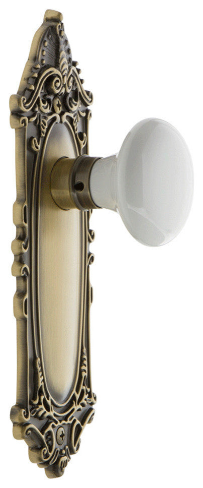 Victorian Plate Passage Poreclain Door Knob, Antique Brass