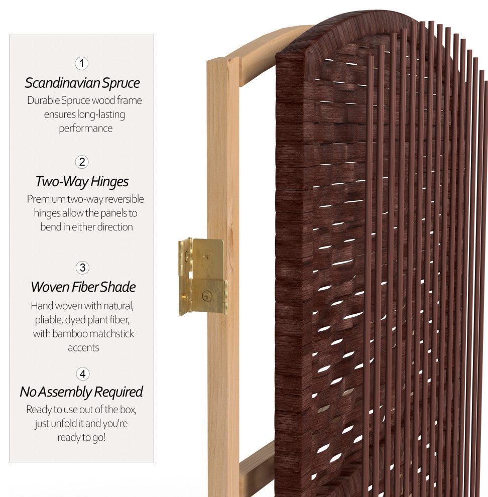 6' Tall Diamond Weave Fiber Room Divider, Dark Red, 4 Panel