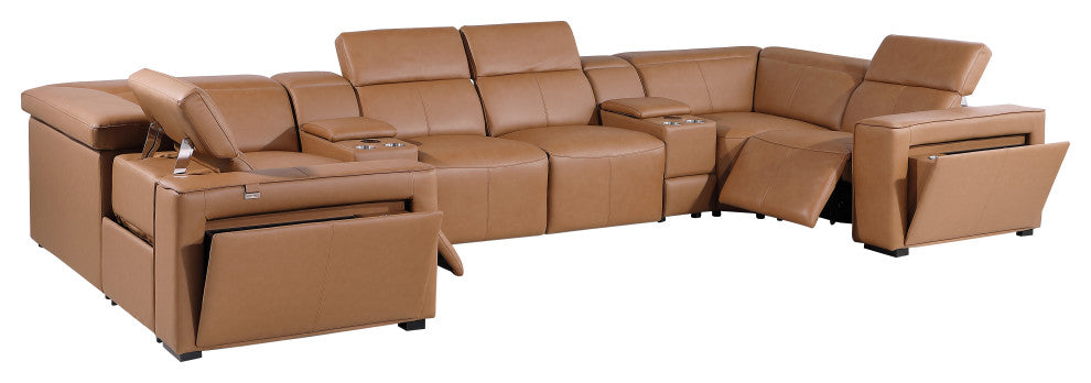 Niccolo Italian Leather 8-Piece U-Shaped 2 Power Reclining Sectional, Cognac