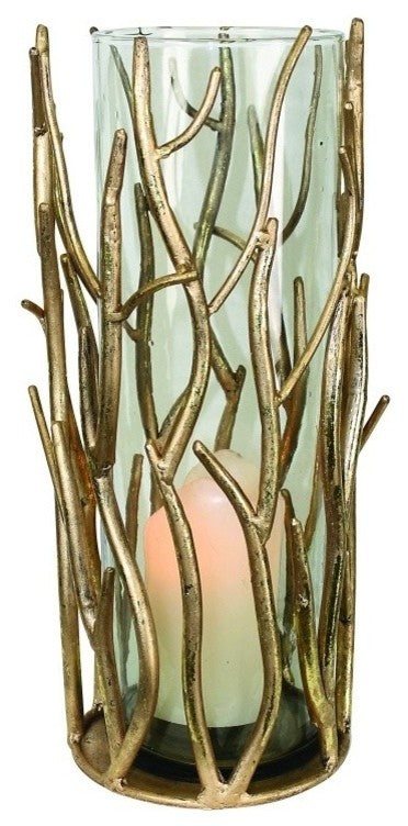Tall 15" Gold Branch Pillar Candle Holder, Metal Hurricane Twig