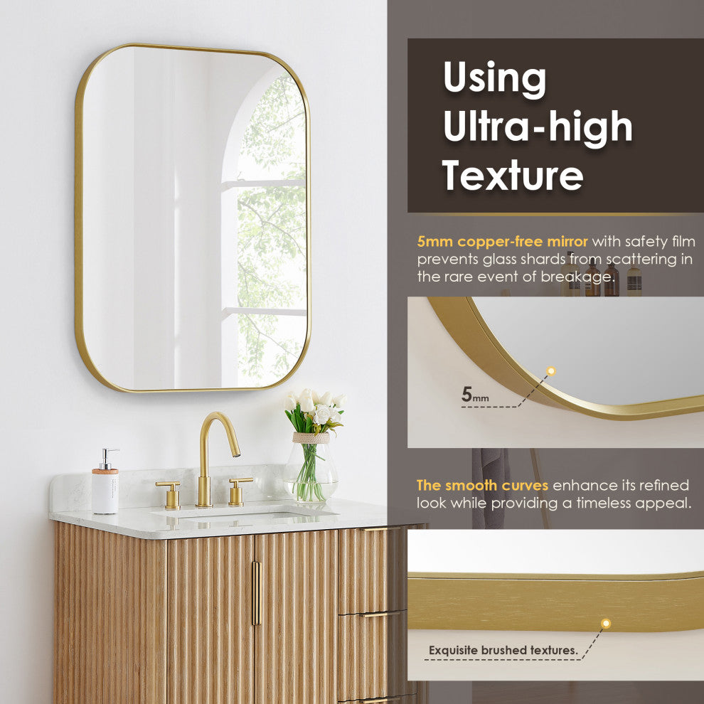 Trielle Rectangular Framed Bathroom Wall Mirror, Brushed Gold, 36"