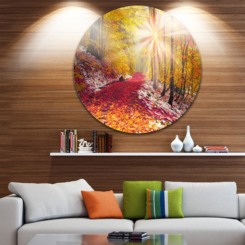 Bright Yellow Sun In Alpine Forest, Landscape Photo Round Wall Art, 38"