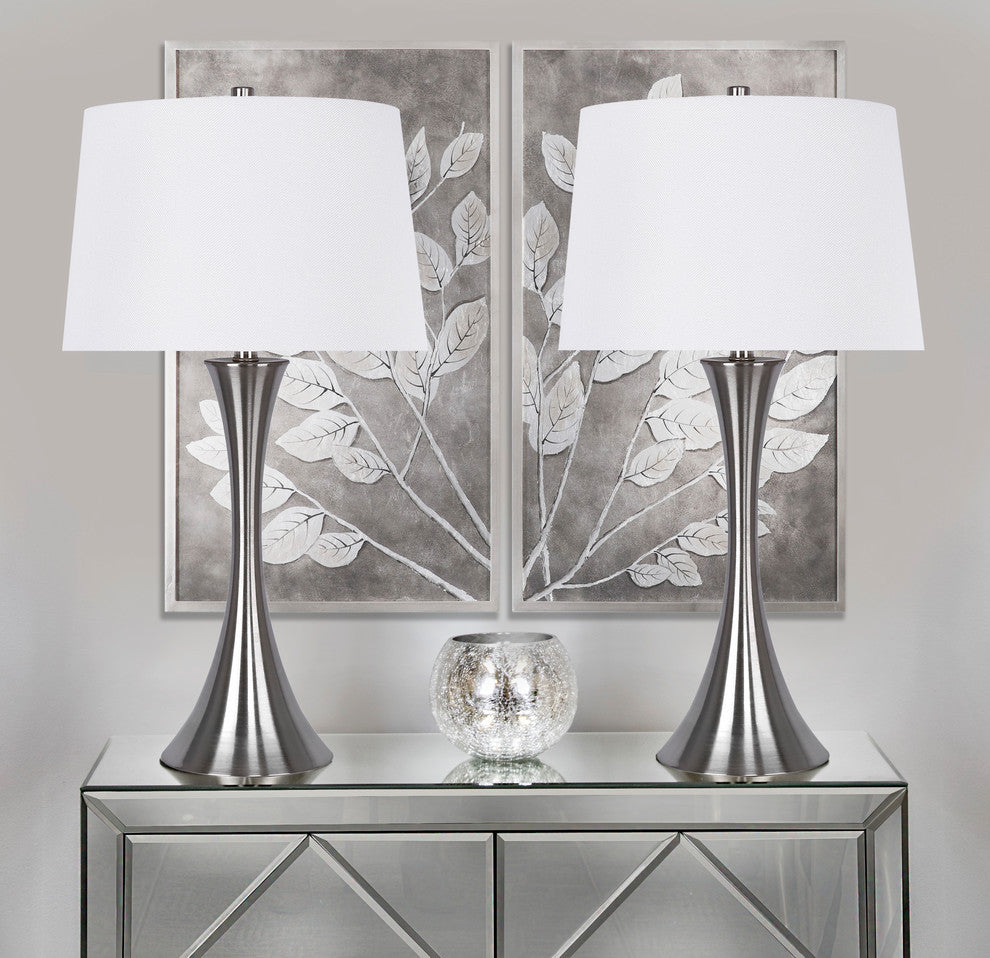 29" Brushed Nickel Table Lamp Hourglass Body, Set of 2