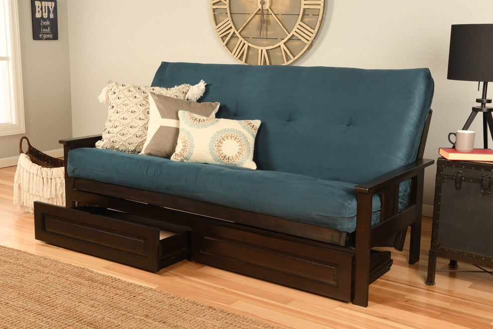 Caleb Frame Futon With Espresso Finish, Storage Drawers, Suede Blue