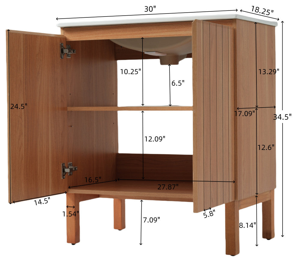 GDF Studio 30" Bathroom Vanity With Ceramic Sink & Free-Handle Doors, Natural