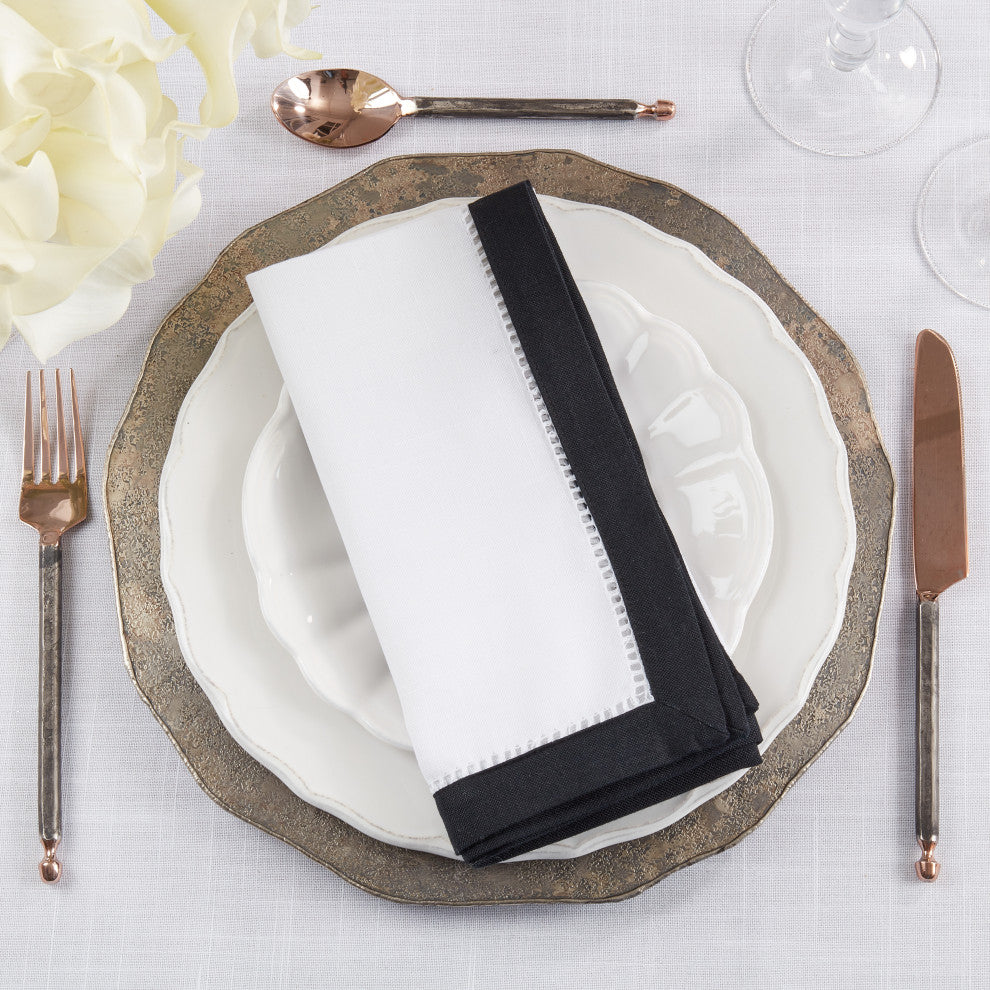 Classic Charm Two-Tone Hemstitch Napkin, Set of 12, Black, 20"