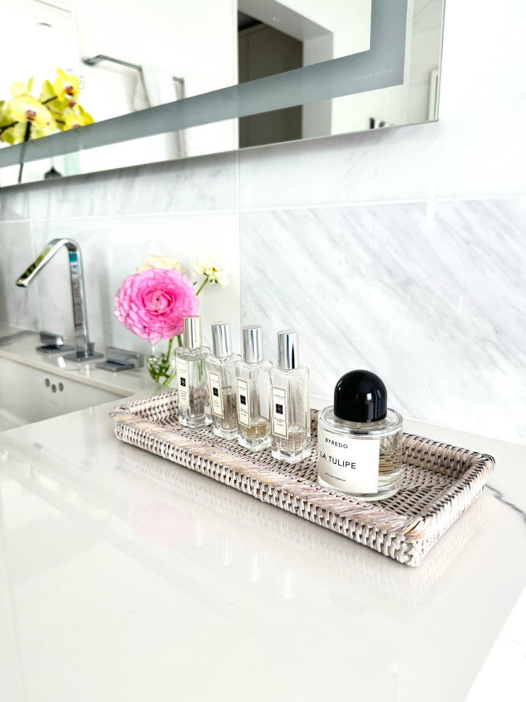 La Jolla Rattan Vanity and Bathroom Tray, White-Wash