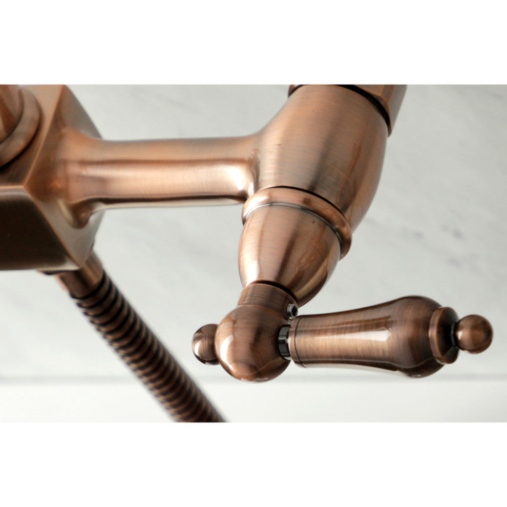 KS124ALBSAC Wall Mount Bridge Kitchen Faucet With Brass Spray, Antique Copper