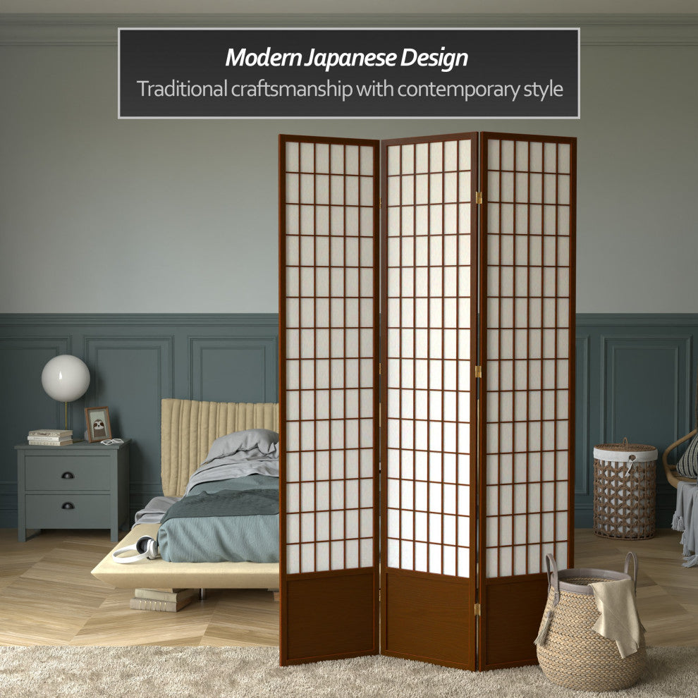 7' Tall Window Pane Shoji Screen, Walnut, 3 Panels