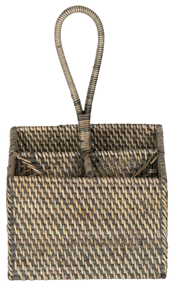 Loma Rattan Bottle and Silverware Caddy, Black-Wash