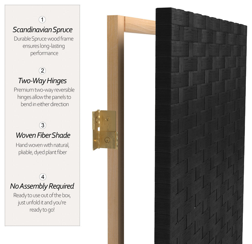 6' Tall Woven Fiber Room Divider, 4 Panel, Black