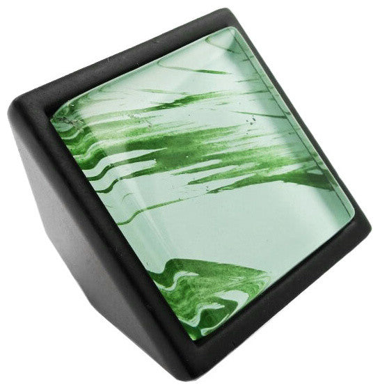 Hand Brushed Random Green Strokes Crystal Glass Black Metal Square Frustum Knob