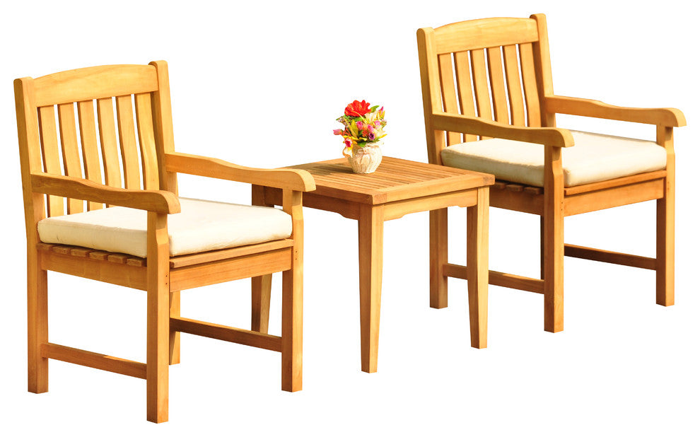3-Piece Outdoor Teak Dining Set, 20.75" Square Table, 2 Devon Arm Chairs