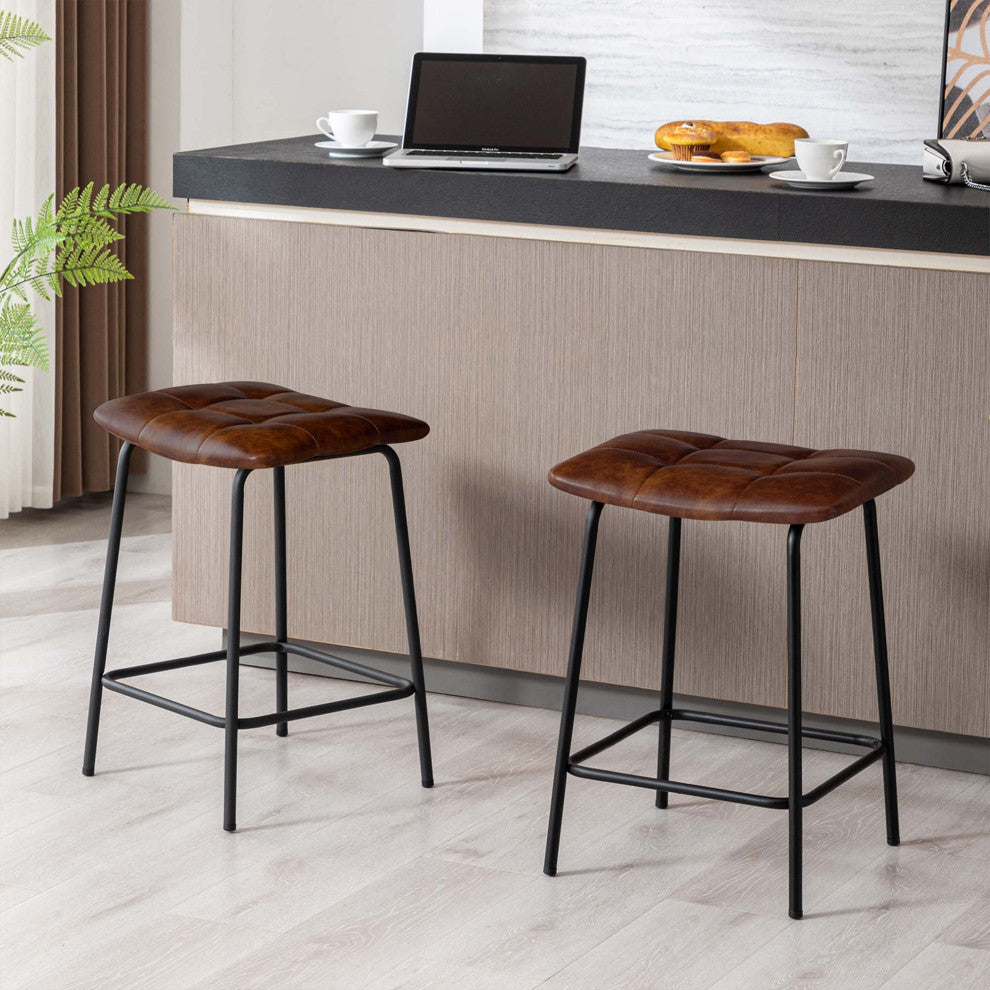 Saddle Tufted 24" Counter Stools Set of 2, Darkbrown-Faux Leather