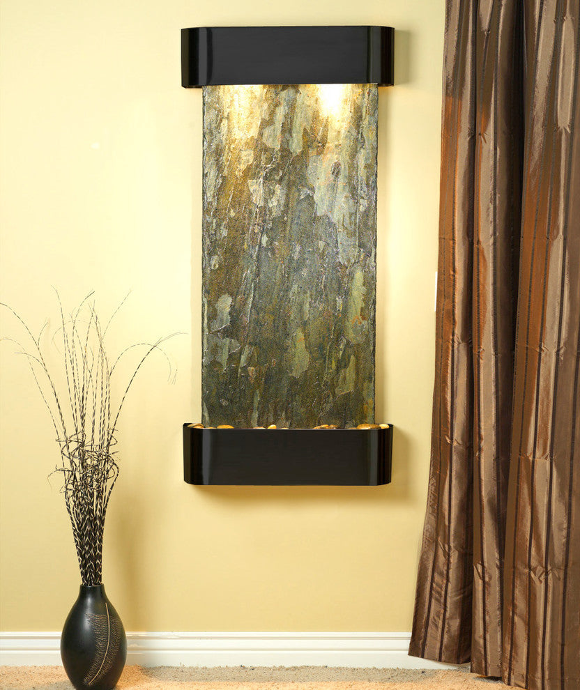 Cascade Springs Water Fountain, Natural Green Slate, Blackened Copper, Round