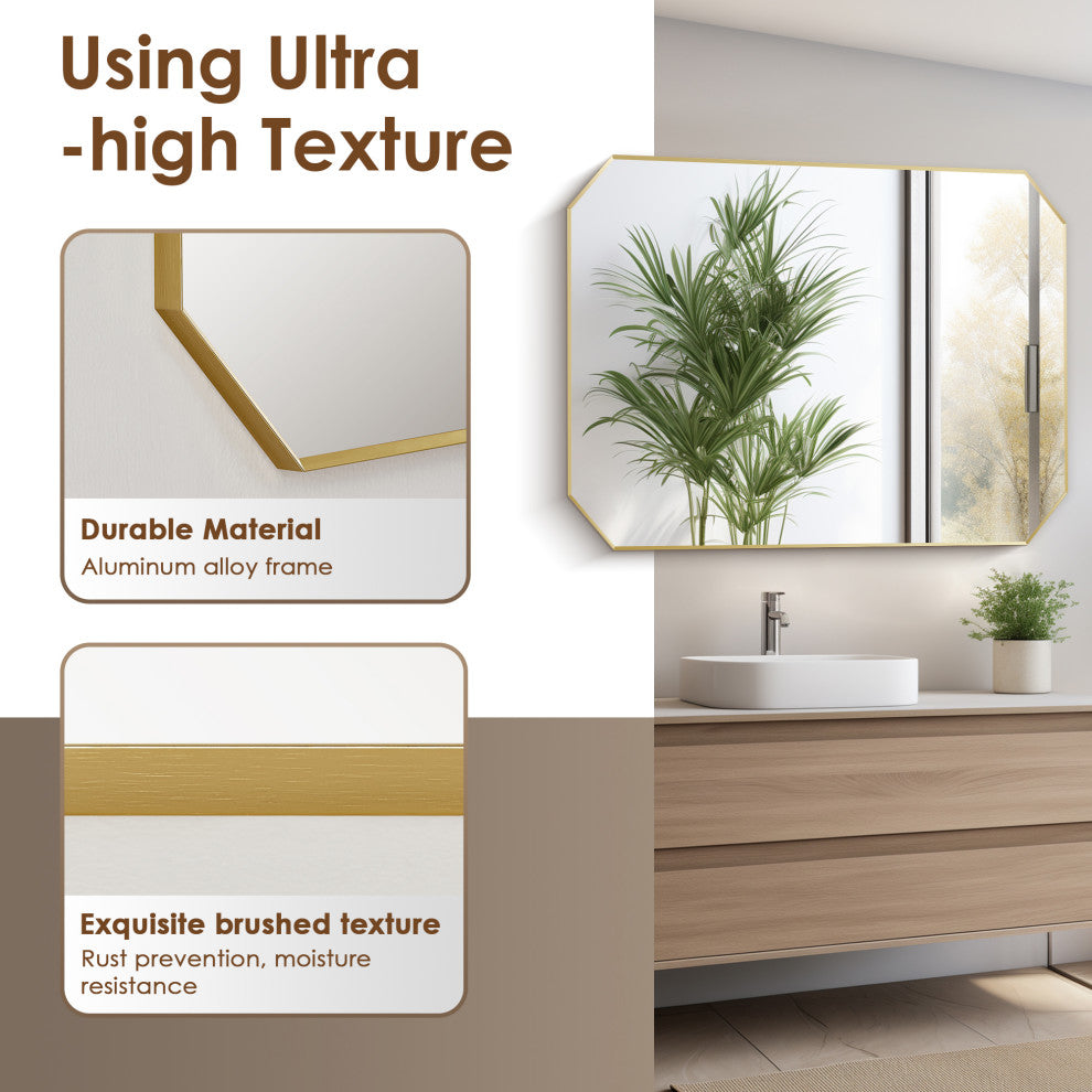 Allure Octagon Framed Bathroom Wall Mirror, Brushed Gold, 48"